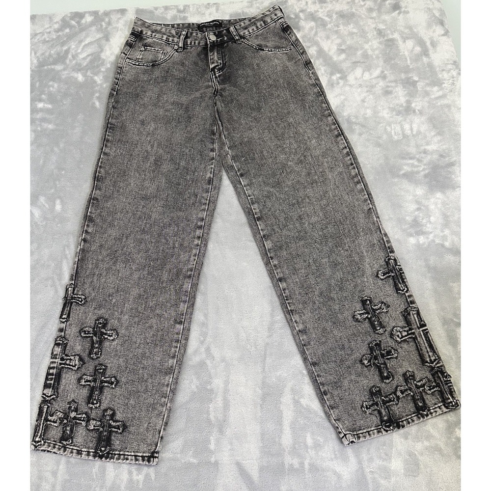 Ashley Mason Premium Black Denim Jeans with Distressed Crosses Up-Cycled Sz 3/26